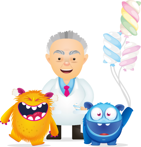 Agostino Bulgari con due mostri e dei palloncini a forma di marshmallow