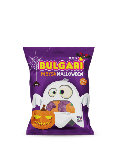 Marshmallow Bulgari Agostino - busta medium per halloween con zucche e teschi viola